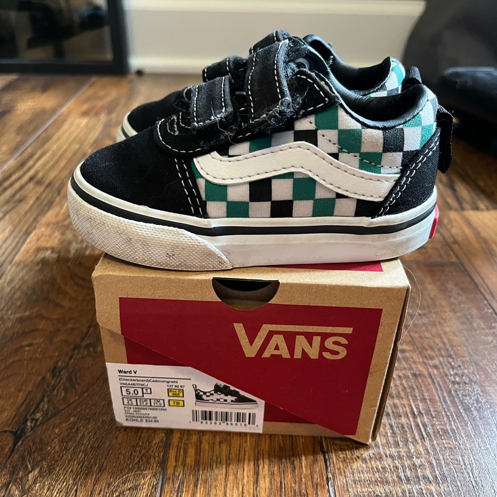 Vans Black and Teal Checkered Toddler Shoes